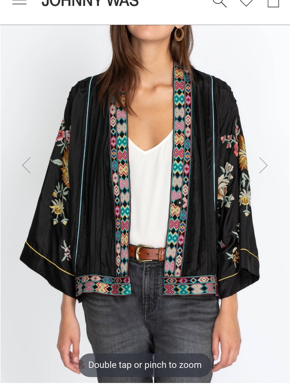 Johnny Was Black Embroidered Open-Front Kimono Jacket Size L
